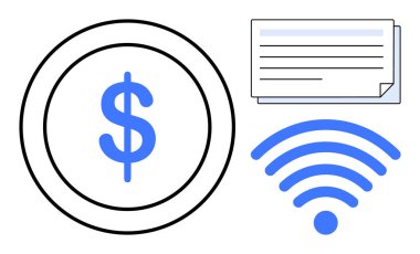 Dolar işaretli sikke, mavi kablosuz sinyal ve metin satırlı belge. Finans, teknoloji, bağlantı, uzaktan çalışma, elektronik ticaret, kağıtsız çözümler için idealdir. Basit düz