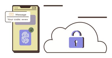 Akıllı telefonda parmak izi taraması ve onaylanmış kod var. Kilitli bir bulutun yanında. Siber güvenlik, kimlik doğrulama, veri erişimi, güvenlik, bulut depolama, özel dijital kimlik için ideal. Modern