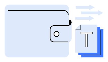 Cüzdanı kopçalı ve sağa doğru oklu metin dokümanlarıyla dolu. Finans, dijital ödeme, e-cüzdan, veri paylaşımı, belge transferi, çevrimiçi hizmetler, basit iniş sayfası için ideal
