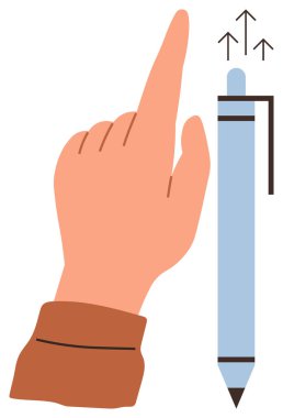 Elleri yukarı doğru uzanan bir kalem ve büyümeyi gösteren oklar. Eğitim, yaratıcılık, motivasyon, başarı, yenilik, kariyer gelişimi, liderlik için ideal. Basit düz metafor