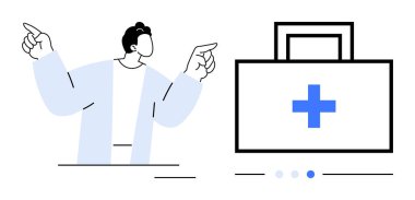 Kişi çapraz sembollü ilk yardım çantasına işaret eder, sağlık, tıbbi yardım ve güvenlik farkındalığını somutlaştırır. Sağlık uygulamaları için ideal, acil durum planlaması, klinikler, çevrimiçi öğrenim, sağlık