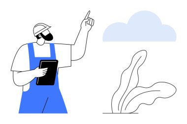 Kask takan ve tablet jestler tutan işçiler bulut ve bitkinin yanında yukarı doğru hareket ediyorlar. Sürdürülebilirlik, planlama, analiz, takım çalışması, tarım, yenilik ve çevre için ideal. Basit düz metafor