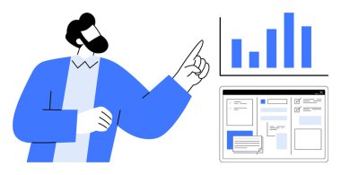 Profesyonel iş adamı dijital gösterge panelinin yanındaki bar grafiğini işaret ediyor. Analiz, sunum, takım çalışması, strateji, planlama, eğitim ve girişimcilik için ideal. Net ve basit düz metafor