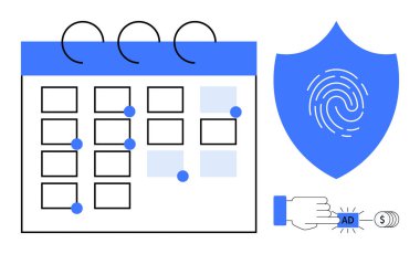 Veri yönetimini vurgulayan takvim, güvenliği sembolize eden kalkan simgesi ve para kazanmak için bir reklam düğmesine tıklama. Planlama için ideal, çevrimiçi güvenlik, reklam, e-ticaret, strateji