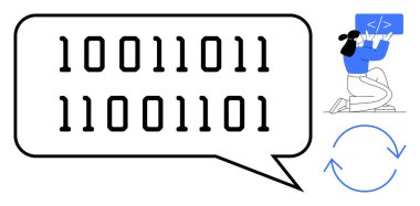 Konuşma balonunda ikili kod, tabletle kod yazan geliştirici, yazılım güncellemelerini sembolize eden dairesel oklar. Kodlama, programlama, otomasyon, yapay zeka, yenilik, eğitim için ideal