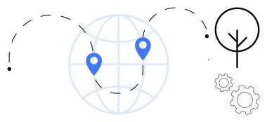 Mavi işaretli dünya, kesik yollar, ağaç ve dişliler. Sürdürülebilirlik, seyahat, navigasyon, çevre dostu yenilikler küresel ulaşım ve bağlantı için idealdir. Basit iniş sayfası