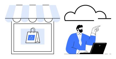 Çevre dostu alışveriş torbası, bulut sembolü ve dizüstü bilgisayarla çalışan biri. Çevrimiçi perakende satış, bulut çözümleri, e-ticaret stratejileri, sürdürülebilirlik, dijital dönüşüm, küçük