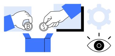 Mali yatırım ve katkıyı temsil eden bir kutuya şifreli para ve bozuk para atan eller. Ayarlar için dişli, kavrayış için göz. Finans, kitle fonlama ve engel zinciri için ideal