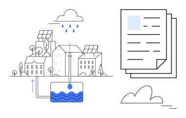 Güneş panelleri ve yağmur suyu hasat süreci ile kentsel sürdürülebilirlik ve temiz enerjiyi birleştiren yerleşim binaları. Yeşil teknoloji, eko-yaşam, kentsel planlama, kaynak yönetimi için ideal