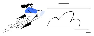 Buluta doğru alevler saçan bir roketi kullanan kadın. Yenilik, ilerleme, başarı, hayal gücü, girişimler, başarı, fütüristik tasarımlar, basit iniş sayfası için ideal