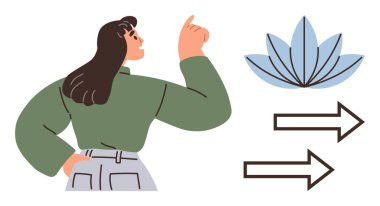 Yukarı doğru bakan kararlı bir kadın, farkındalığı temsil eden mavi nilüfer, yön veya karar verme mekanizmasını gösteren iki ok. Büyüme, motivasyon, güçlendirme, farkındalık, özgüven için ideal