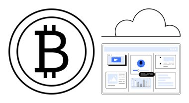 Grafiksel bulut ve dijital analitik gösterge panelinin yanında siyah Bitcoin logosu grafikler, grafikler ve medya elementleri yer alıyor. Kripto para birimi, finans, veri depolama, engelleme zinciri, teknoloji için ideal