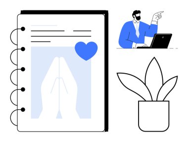 Katlanmış eller ve kalp sembollü defter, dizüstü bilgisayar kullanırken çalışan ve minimalist saksı bitkisi. Üretkenlik, kendine bakım, ruhsal büyüme, uzak çalışma, farkındalık, odaklanma için ideal