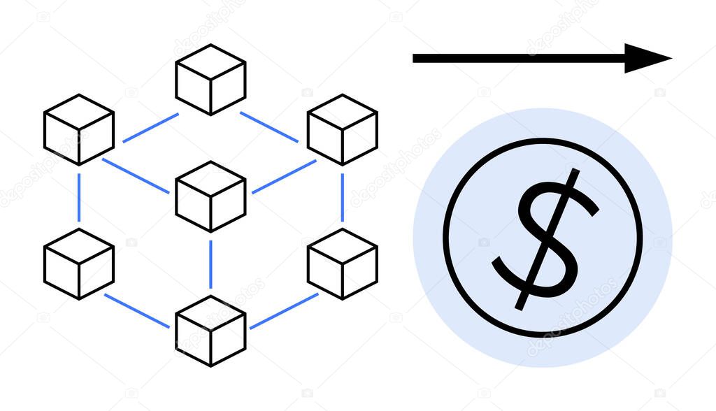 Linked blocks represent blockchain system leading to a dollar sign illustrating cryptocurrency and finance concept. Ideal for fintech, decentralization, payment, investment, innovation, technology stock vector