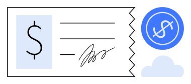 İmzalı ve boş çizgileri olan bir çek dolar işareti olan bir para ve bir bulut simgesi. Finans, ödeme, bankacılık, tasarruf, bulut çözümleri, modern işlemler için ideal basit düz metafor