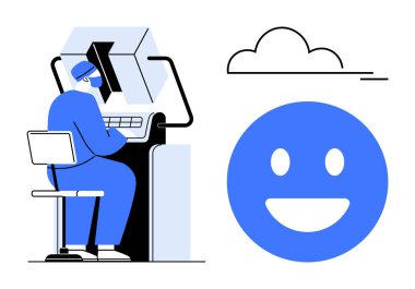 Bilgisayarı kullanan, bulut konsepti, pozitiflik ve gelecekteki teknolojiyi gösteren mutlu yüzle yazı yazan biri. Teknolojik yenilik, yazılım, üretkenlik, dijital çalışma, bulut için ideal