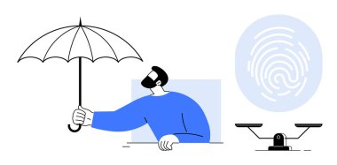 Korunmayı sembolize eden bir şemsiye tutan adam, kimliği temsil eden parmak izi, adalet dengesi için ölçek. Güvenlik, güvenlik, hukuk, adalet, mahremiyet, koruma eşitliği için ideal basit bir daire