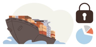 Kargo gemisi su üzerinde giden konteynırlarla dolu, asma kilit güvenliği simgeliyor, ve bir pasta grafiği. Lojistik, ticaret, nakliye, güvenlik, veri tedarik zinciri ve iş analizi için ideal. Basit.