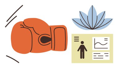 Turuncu boks eldiveni, sağlık kartı ve nilüfer çiçeği fiziksel gücü, sağlığı ve sağlık takibini temsil ediyor. Zindelik, sağlık, ruh sağlığı ve kişisel büyüme analizi için ideal