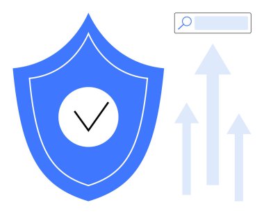 İşaretli mavi kalkan, arama çubuğu ve yukarı doğru oklar. Siber güvenlik, veri koruması, büyüme, güven, çevrimiçi güvenlik, güvenli arama sade iniş sayfası için ideal