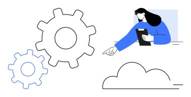 Tablet el hareketleriyle buluta doğru hareket eden bir kadın figürü, yanında da iki mekanik vites. Teknoloji, takım çalışması, yenilik, bulut hesaplama, yönetim, mühendislik, basit iniş sayfası için ideal