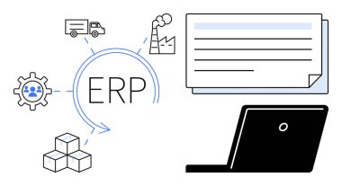 ERP sistemi birbirine bağlı dişliler, fabrika, teslimat kamyonu, envanter ve dizüstü bilgisayarla temsil ediliyor. İş yönetimi için ideal, işlem optimizasyonu, tedarik zinciri, lojistik otomasyon teknolojisi