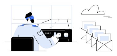 Pilot kokpitte oturmuş, kontrolleri ve tuşları ayarlıyor, dijital olarak hazırlanmış posta zarfları bir buluta doğru uçuyor. Havacılık, teknoloji, iletişim, takım çalışması, veri transferi için ideal