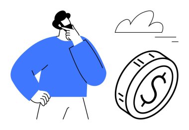 Mavi elbiseli dalgın şahıs bir dolar işareti ve bir bulut olan yüzen bir madeni paraya yansıyor. Finans, karar verme, tasarruf, yatırım, planlama, strateji için ideal