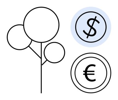Bir dolar ve avro işaretinin yanındaki minimalist ağaç, eko-yatırımı, sürdürülebilirliği ve ekonomik büyümeyi temsil ediyor. Finans, iş, yeşil yatırım, ekoloji ve kalkınma stratejisi için ideal