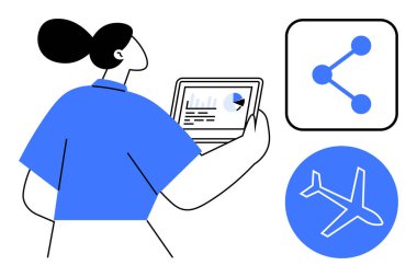 Tabletteki çizelgeleri analiz eden bir kadın, bağlantıları paylaşmak için bir simge, bir uçak sembolü. İletişim, seyahat planlaması, takım çalışması, analitik, ağ oluşturma, sunumlar için ideal basit iniş sayfası