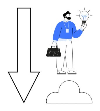 Elinde ampul tutan bir iş adamı fikirleri temsil ediyor, aşağı doğru ok ve bulutun yanında duruyor. Yenilik, strateji, teknoloji, yaratıcılık, karar verme, başarı, basit bir dairede takım çalışması için ideal