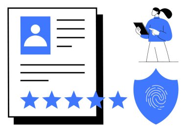 Fotoğraf, bilgi, beş yıldızlı derecelendirme, parmak izi güvenlik kalkanı ve tablet tutan kişi profili. Kişisel markalaşma, kimlik koruma, adam toplama, siber güvenlik dijital