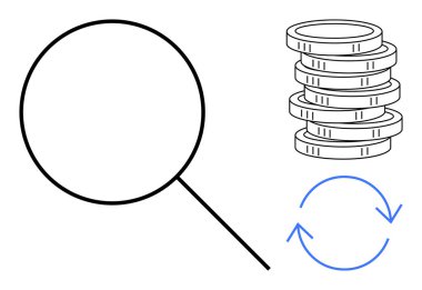 Büyüteç, analiz, finans ve işlemleri gösteren dairesel okların yanında istiflenmiş paralara odaklanıyor. İş, yatırım, araştırma, büyüme, ekonomi ve geri dönüşüm eğitimi için ideal