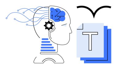 Sinir devreleri, beyin, vites ve akış bağlantıları olan insan profili, metin belgelerinin yanında. Yapay zeka geliştirme, makine öğrenme, yenilik, sinirsel ağlar, veri analizi yaratıcılığı için ideal