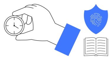 Zaman odağı için bir saat, güvenliği temsil eden bir kalkan sembolü ve bilgi için açık bir kitap. Üretkenlik, eğitim, güvenlik, planlama, verimlilik, yenilik için ideal basit bir daire