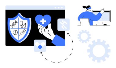 Tıbbi haçlı, kalkan ikonlu ve ekranda sağlık sembollü el ele tutuşan kalp. Bilgisayarda çalışan biri. Teletıp, sağlık uygulamaları, dijital yardım, teknolojik yenilik ve hasta için ideal