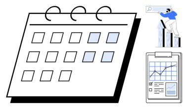 İşaretli tarihli spiral takvim, analitik grafiği gösteren pano, yukarı doğru giden çubuklarda büyüteç kullanan kişi. Zamanlama, veri analizi, iş stratejisi, planlama, üretkenlik ve zaman için ideal