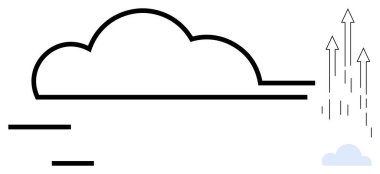 Yukarı doğru okları olan, veri yüklemesini, hızını ve bağlantısını sembolize eden bir bulut çizgisi. Teknoloji, yenilik, veri depolama, dijital strateji, bulut hesaplama, üretkenlik için ideal