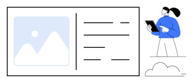 Tableti tutan kişi, resim tutucu ve satırlarla arayüz tasarımının yanındaki içeriği kontrol ediyor. Kullanıcı arayüzü, web tasarımı, içerik incelemesi, teknoloji, üretkenlik, işbirliği için ideal