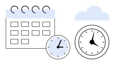 Minimalist takvim, iki saat ve programın, verimliliğin, sürenin, planlamanın, hedef belirlemenin altını çizen yumuşak bulut. Zaman yönetimi, verimlilik takım çalışması proje organizasyonu için ideal