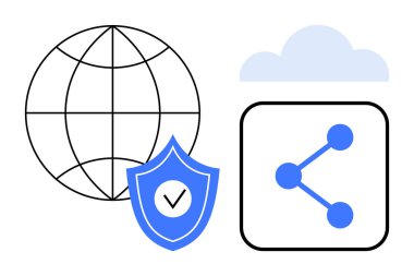 Küre, kontrol işaretli kalkan, ikon paylaşımı ve bulut güvenli küresel bağlantı, veri koruması ve bulut depolamasını temsil ediyor. Teknoloji, güvenlik ve iletişim ağı bulutu için ideal