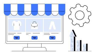 Giysi, alışveriş arabaları, sistem ayarları için bir çark ve büyümeyi temsil eden yukarı doğru bir çubuk grafiği içeren bir monitörde dijital mağaza önü. E-ticaret ve perakende için ideal.