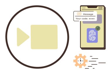 Video arama simgesi, mesajlı akıllı telefon ve parmak izi doğrulaması ve hareket çizgileri olan teçhizat. Teknoloji, güvenlik, iletişim, verimlilik, üretkenlik, yenilikçilik için ideal