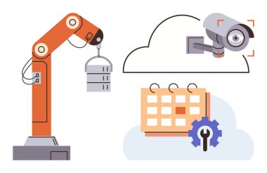 Endüstriyel robot kol, entegre güvenlik kamerası olan bulut ve dişli ikonlu takvim. Otomasyon, endüstri, teknoloji, güvenlik, planlama için idealdir. Basit düz