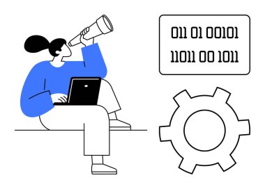 Teleskop ve dizüstü bilgisayarı olan bir kadın, yukarıda ikili kod ve dişli sembolü var. Teknoloji, yenilik, problem çözme, analiz, kodlama, araştırma, basit iniş sayfası için ideal