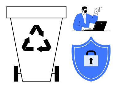 Ekolojik sembollü geri dönüşüm kutusu, dizüstü bilgisayar kullanan adam, asma kilitli mavi kalkan. Siber güvenlik, gizlilik, veri koruması, sürdürülebilir bilgisayar, çevre dostu uygulamalar, çevrimiçi güvenlik atığı için ideal