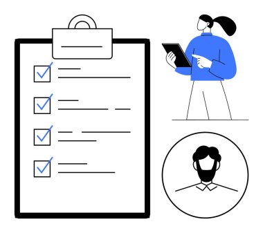 Kontrol listesi olan bir pano, elinde tablet olan profesyonel bir kadın ve dairesel erkek profili simgesi. Organizasyon, proje planlaması, görev yönetimi, üretkenlik, değerlendirme, takım çalışması için ideal