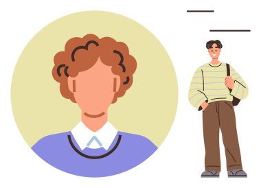 Kıvırcık saçlı, dairesel bir arka planda, rahat kıyafetli, tüm vücut görünümlü birinin yakın çekimi. Gençlik, yaşam tarzı, moda, modern kimlik, gelişigüzel markalaşma, bireysellik ve eğitim için ideal