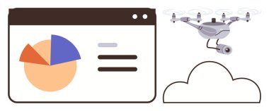 Turta grafiği ve ölçümler dijital bir gösterge panelinde, kameralı uçan bir dron, bir buluta bağlı. Teknoloji, yenilik, veri analizi, bulut hesaplama, izleme ve uzak çalışma için ideal