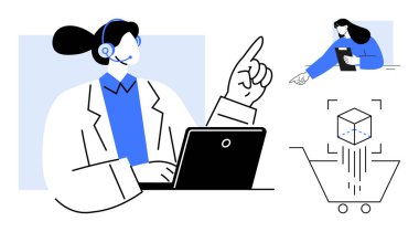 Bilgisayarda online işlemlere yardımcı olan kulaklık takan bir kadın ajan. Diğer unsurlar arasında dijital ürün seçimi, müşteri odağı ve e-ticaret yer alıyor. Müşteri hizmetleri ve destek araçları için ideal